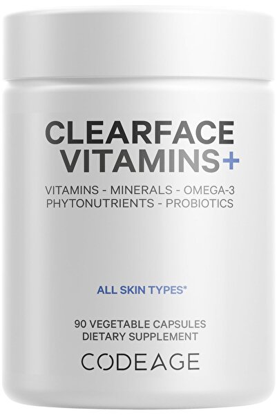 Codeage Clearface Pantothenic Acid, Niacin, Vitamins A, C, D3, E, Probiotics, Zinc - Non-GMO - 90 Capsules