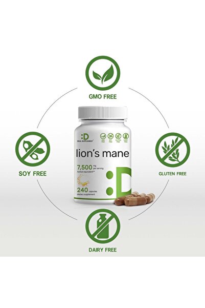 DEAL SUPPLEMENT Lions Mane Mushroom, 7,500mg, 240 Caps – Brain & Immune Support – Non-GMO