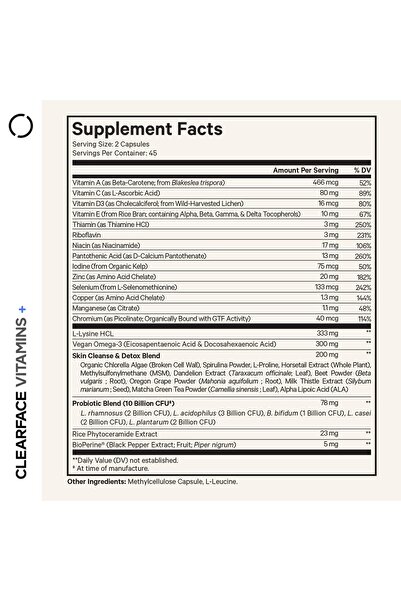 Codeage Clearface Pantothenic Acid, Niacin, Vitamins A, C, D3, E, Probiotics, Zinc - Non-GMO - 90 Capsules