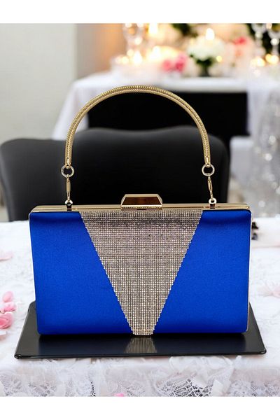 Biçanta Saks Blue Satin Gold Stone Mâner metalic Geanta de seara Geanta de seara Geanta de nunta de logodna