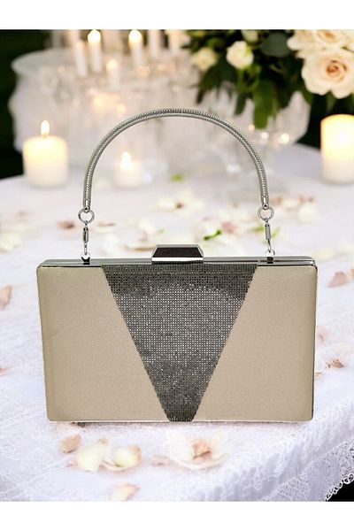 Biçanta Nude Satin Platinum Stone Μεταλλική λαβή βραδινή τσάντα τσάντα νυχτερινή τσάντα αρραβώνων Τσάντα γάμου