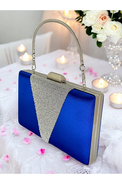 Biçanta Saks Blue Satin Silver Stone Mâner metalic Geanta de seara Geanta de seara Geanta de nunta de logodna