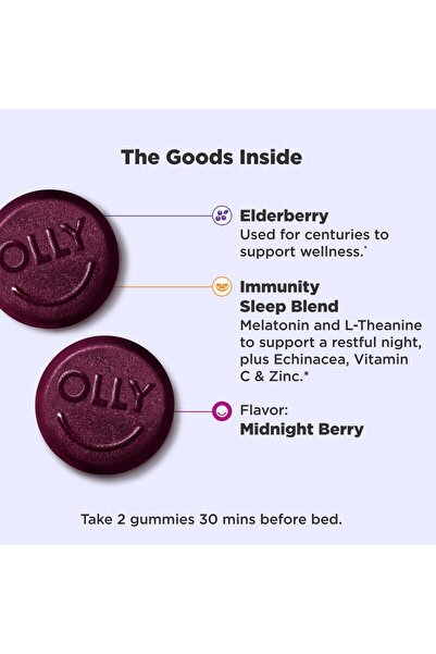 OLLY Immunity Sleep Gummy, 3mg Melatonin, Echinacea, Zinc, Vitamin C, Berry - 60 Count