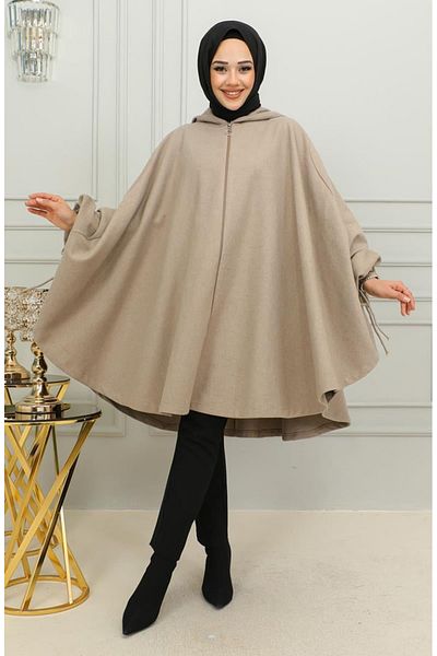 sefamerve Κασμίρ Poncho με κουκούλα 0505-12 Camel