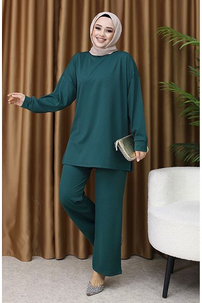 sefamerve Ribbed Tunic and Trousers Double Set - 5570-04 Emerald Green