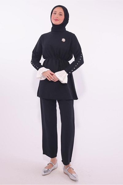 TRENDTESETTÜR Women's Black Bonchu Detailed Trousers Suit t 9174