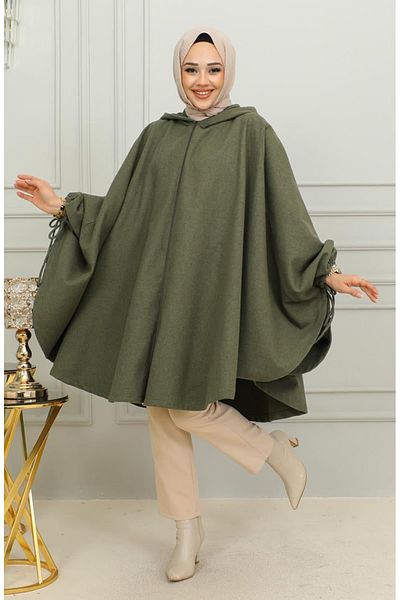 sefamerve Kapuzen-Kaschmir-Poncho 0505-08 Khakigrün