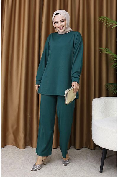 sefamerve Ribbed Tunic and Trousers Double Set - 5570-04 Emerald Green
