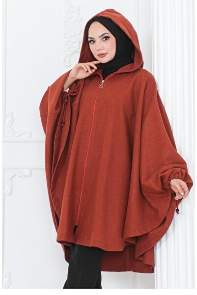 sefamerve Kapüşonlu Kaşe Panço 0505-06 Kiremit