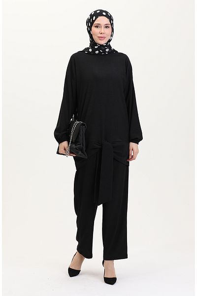sefamerve Front Tie Tunic Trousers Double Suit 7680-06 Black