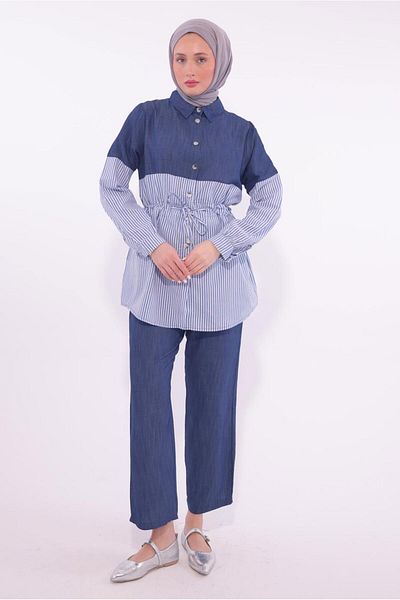 TRENDTESETTÜR Women's Navy Blue Striped Trousers Suit t 5574