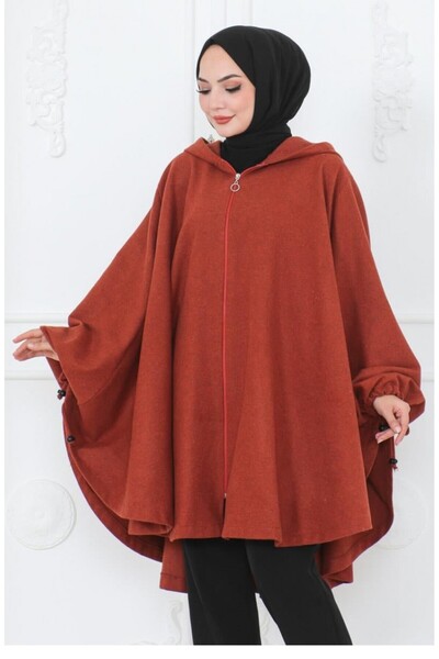 sefamerve Kapüşonlu Kaşe Panço 0505-06 Kiremit