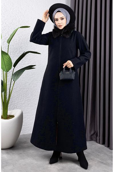 sefamerve Γούνινο γιακά Κασμίρ Παλτό 2060-03 Navy Blue