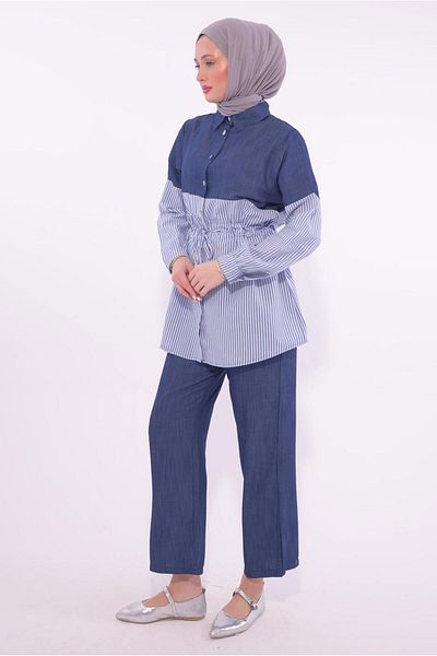 TRENDTESETTÜR Women's Navy Blue Striped Trousers Suit t 5574