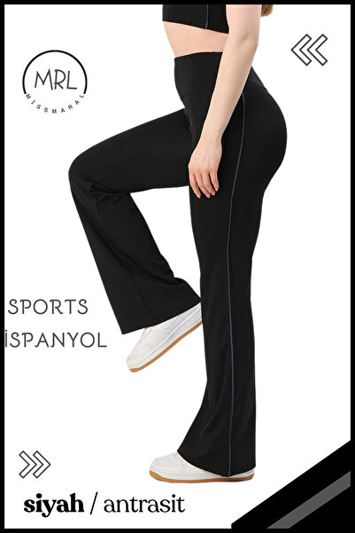 missmaral Women's Tights Pants, High Waist Gathering Black/Anthracite Stripe Landing Pocket 1042