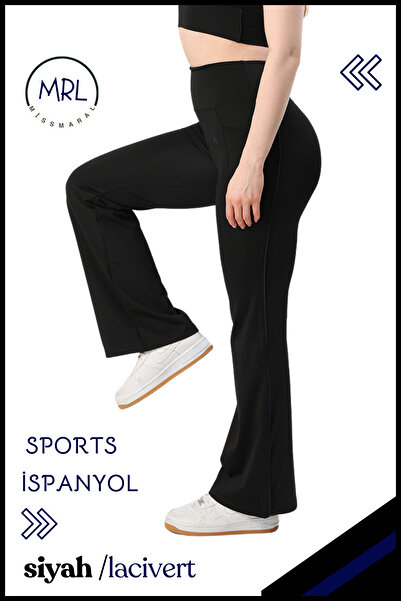 missmaral Women's Leggings Pants Lycra High Waist Gathering Fabric Black/Navy Blue Stripe Detailed with Pockets 1042