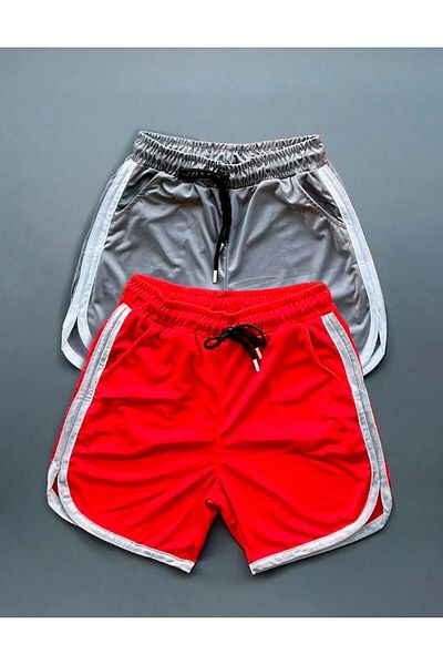 ALCİNOUS Grey-Red Mesh Basketball Training Shorts Set of 2 with Stripe Detail