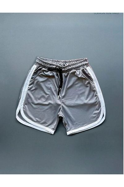 ALCİNOUS Grey-Red Mesh Basketball Training Shorts Set of 2 with Stripe Detail