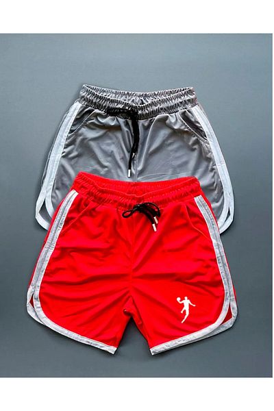 ALCİNOUS Grey - Red Basketball Player Printed Training Fitness Sportsman Shorts Set of 2