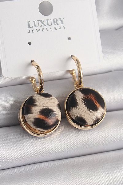 Clariss Brass Gold Color Leopard Print Circle Model Women's Earrings