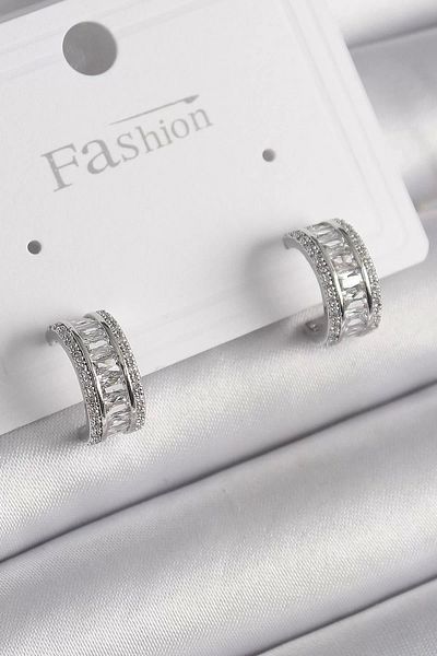 Clariss Brass Silver Color Zircon Stone Hoop Model Women's Earrings