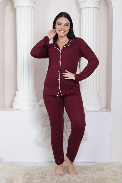 MEBA Costum de pijama mov sezonier cu mânecă lungă tricotată cu nasturi pentru femei