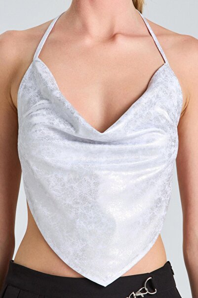 World Fashion Trends 1985 Ασημένια μπλούζα με γκλίτερ με δέσιμο στην πλάτη