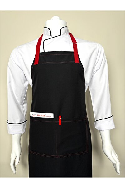 ADALILAR TEKSTİL مريلة مطبخ بحزام على الرقبة - طاهٍ في مطعم Chef Barista Cafe (أسود مع شريط أحمر)