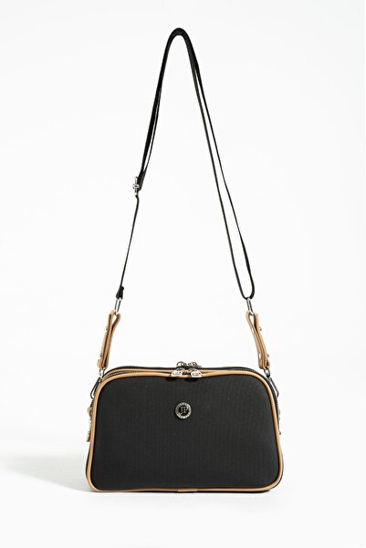 Just Polo Wide Strap Lacoste Leather Women's Shoulder Bag 5 Compartments Black