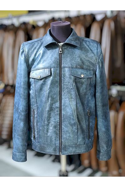 LEATHER HOUSE Men's Leather Coat'Aging Blue Vintage Code