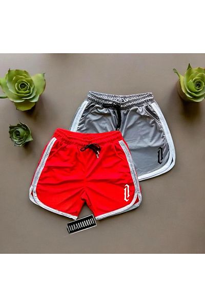 ALCİNOUS New Season Red Gray Trend Honeycomb Fabric Vertical Printed Slim Fit Summer Shorts Pack of 2