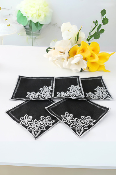 PLT Design مجموعة من 6 مناديل تقديم الكوكتيل من الكتان الأسود والكتان والقهوة