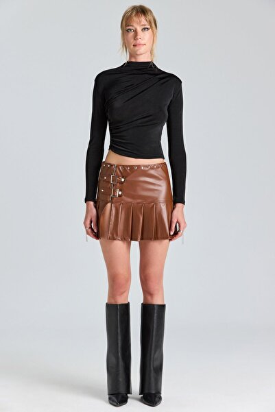 World Fashion Trends 2781 Плисирана кафява кожена пола с цепка