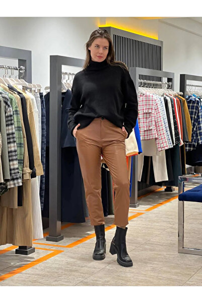 TARGET CH Δερμάτινο παντελόνι με ψηλή μέση και ριχτάρι - Stretchy και άνετο κοψίματος, καφέ