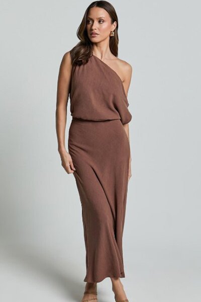 Madmext Kahverengi Düşük Omuz Elbise Mg2349