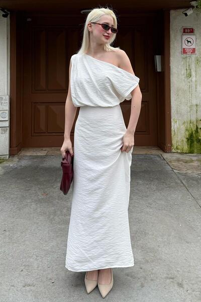 Madmext Beyaz Düşük Omuz Elbise Mg2349