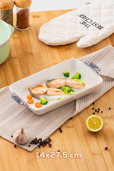 Porsima Rectangular 3-Piece Oven Dish - Serving Dish - Oval Presentation Tray - Cookie Dish Blue White Plate