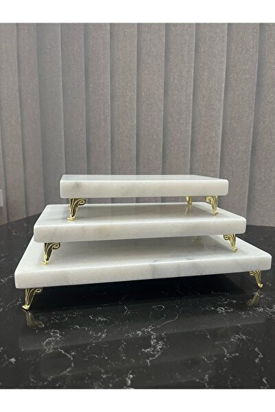 M&O MARBLE Mermer Sunumluk 3'lü Set Pasta Sunumu,Metal Gold Renkli Profil Ayak