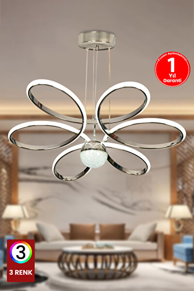 FUZON 3 Renk Toplu Krom Salon Led Avize Papatya Ledli Avize Büyük Salon Avizesi Kumandasız