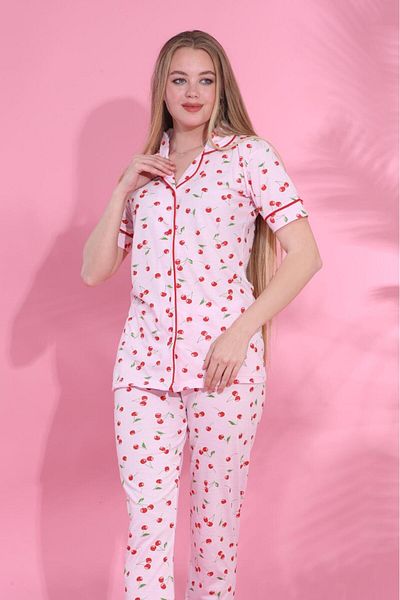 MEBA Women's Buttoned Ribbed Knitted Short Sleeve Pink Cherry Patterned Pajama Set