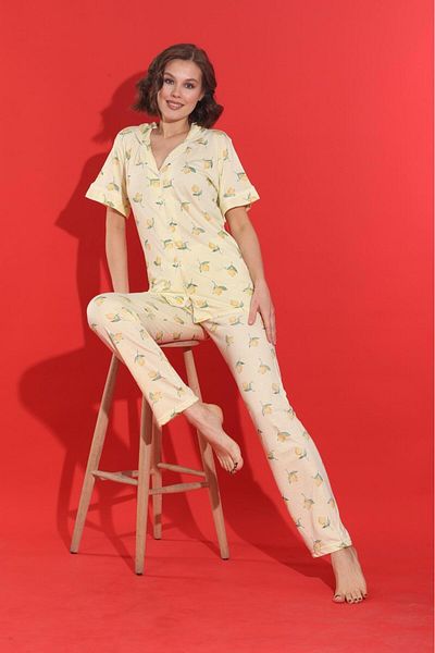 MEBA Women's Buttoned Ribbed Knitted Short Sleeve Yellow Branch Lemon Pajama Set