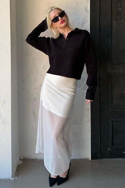 Madmext Pulover de damă cu guler polo împletit cu păr negru Mg2310