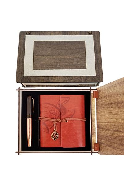 No8 Home Coffee Leather Notebook and Copper Rollerball Pen Set with Special Wooden Box