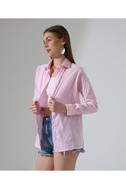 Moda Monisa Ριγέ ροζ και λευκό γυναικείο πουκάμισο – χαλαρή εφαρμογή, ελαφρώς...