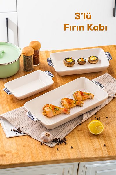 Porsima Rectangular 3-Piece Oven Dish - Serving Dish - Oval Presentation Tray - Cookie Dish Blue White Plate