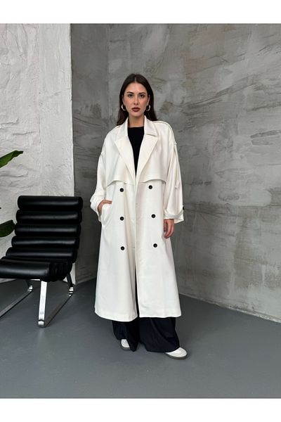 Elif Özbey Butik Trenci alb supradimensionat cu detaliu dublu