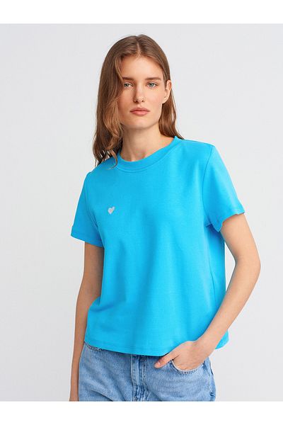Dilvin 30584 Crew Neck Cotton T-Shirt-Turquoise
