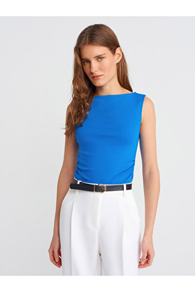 Dilvin 31589 Büzgülü Kayık Yaka Top-Saks