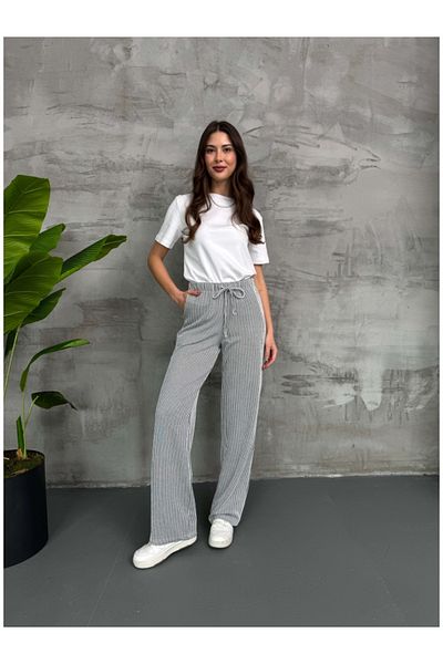 Elif Özbey Butik Black Striped Elastic Waist Trousers