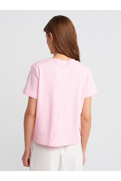 Dilvin 30584 Crew Neck Cotton T-Shirt-A.Pink